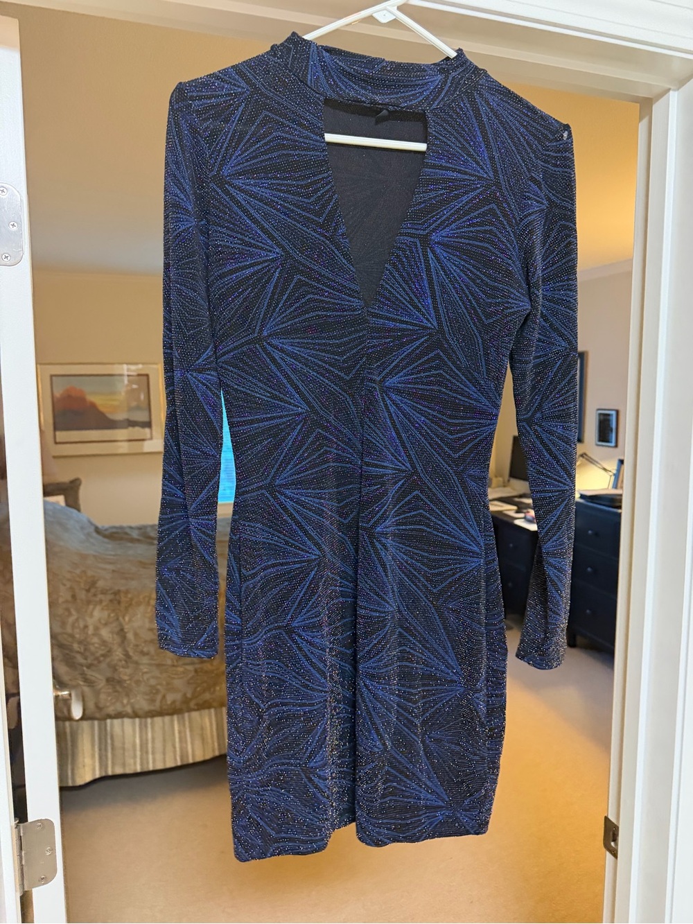 Topshop Navy Blue Long Sleeve Glitter V-Neck Dress